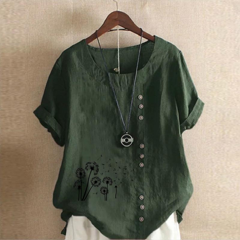 Women's Fashion Black Dandelion Prined Short Sleeve T-shirt Loose Cotton Shirt Casual Loose Summer Plus Size Blouse Tops