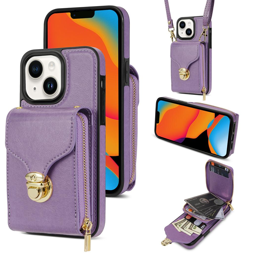 For iPhone 15 Card Slot Phone Case PU Leather Coated TPU Zipper Pocket Kickstand Cover with Shoulder Strap