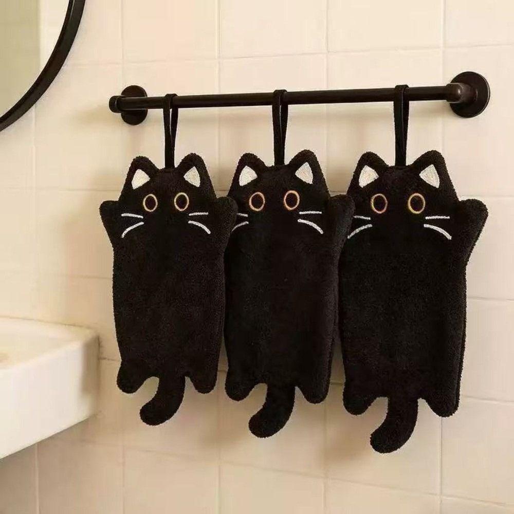 Cartoon Animals Black Cat Hand Towel Super-Absorbent Bathroom Hanging Towel Bathroom