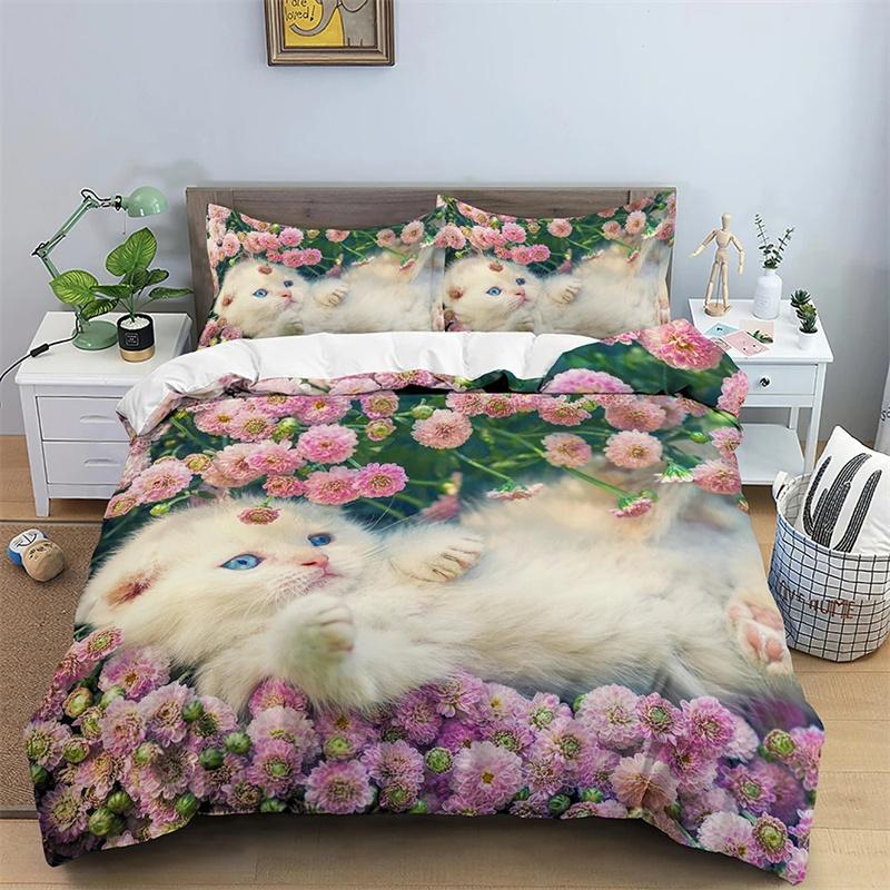 Cat Colorful Bedding Set Pet Cats for Kids Boys Girls Teens Cute Kitten Duvet Cover 3D Animal Gift Room Decoration with Zipper
