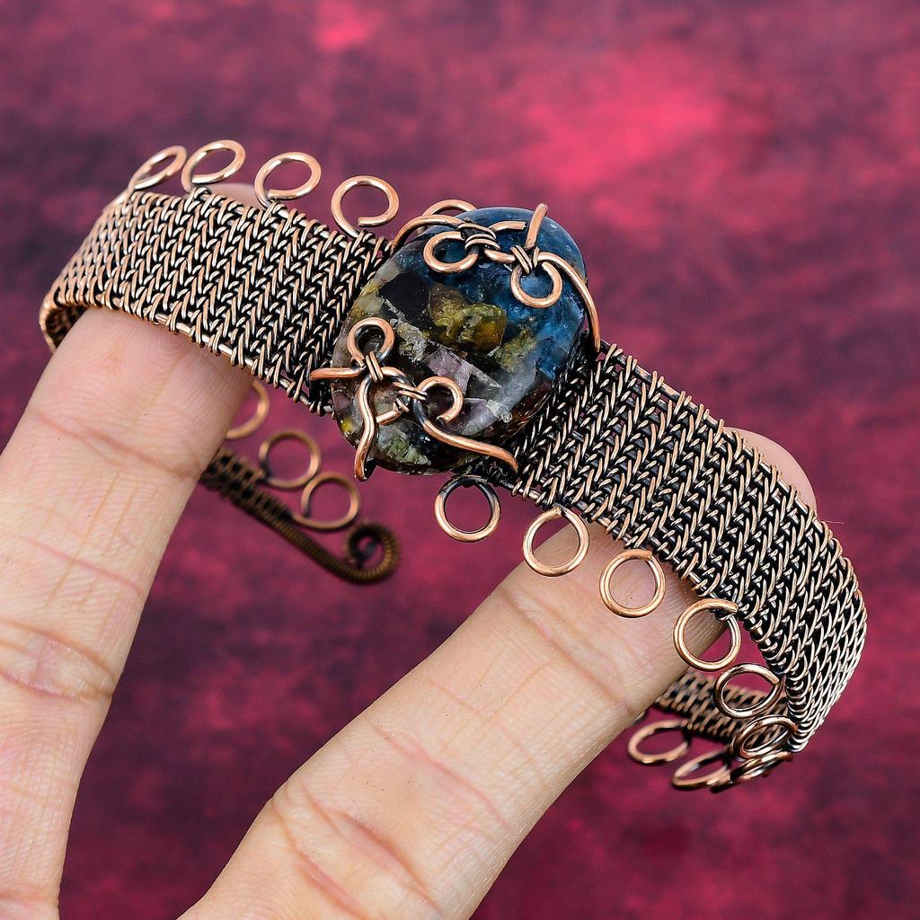 Copper Watermelon Tourmaline Bangle Copper Wire Wrapped Jewelry Adjustable Bangle