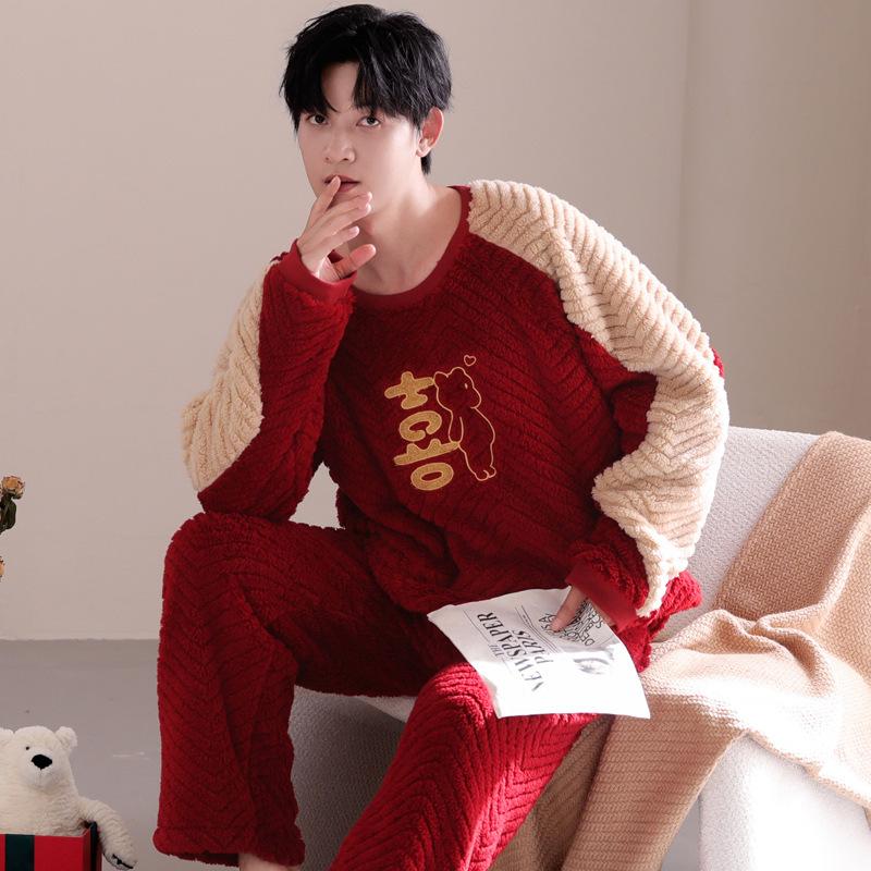 Wedding Couple Pajamas Autumn and Winter Coral Fleece Thickened and Fleece Red Festive Newlywed Men's and Women's Loungewear Set