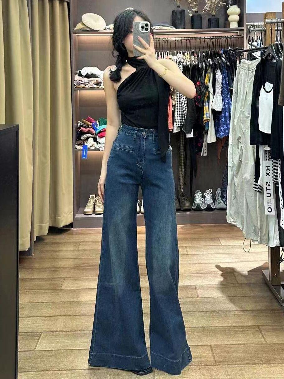 

Гонконгские ретро джинсы с высокой посадкой и широкими штанинами для женщин - лестные и свободного кроя 2XL