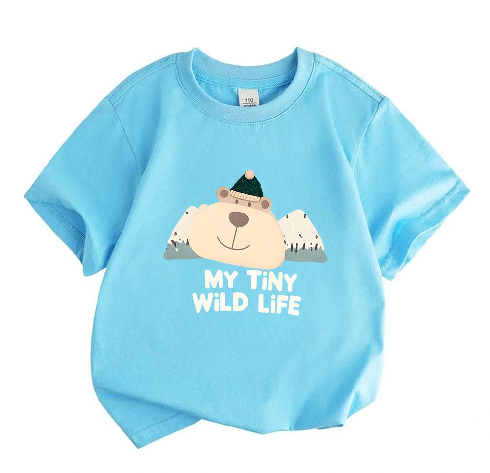 Toddler Kids Boys Girls 100% Cotton Crew Neck Short Sleeve T-Shirt, Cute Cartoon Bear My Tiny Wild Life Print Casual Soft Breathable Summer Tee for Li