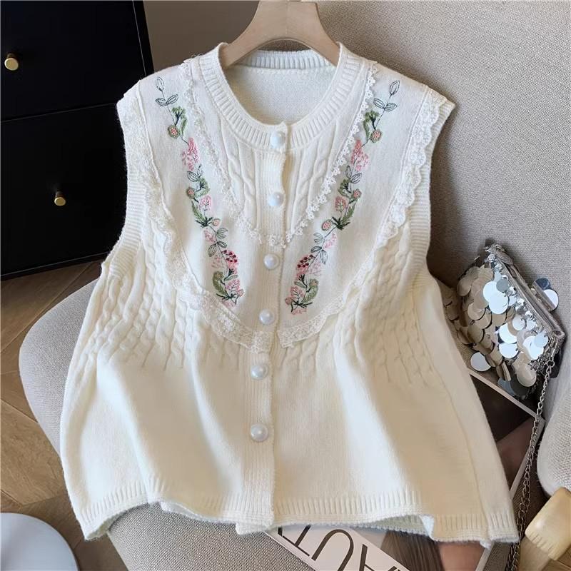 

Весенне-осенний женский вязаный жилет с кружевной вышивкой, милый кардиган-жилет 3XL