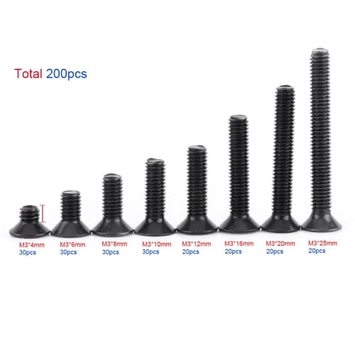 M3 Hex Countersunk Head Screws, 200-Piece M3 Countersunk Hex Socket Head Screws Bolts Machine Fastener Assortment Set (30 Pieces In 4mm, 6mm, 8mm, 10m