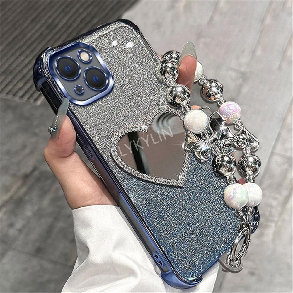 Bead Bracelet Shockproof Phone Case For Samsung S25 S24 S23 S22 S21 S20 FE Note 20 Ultra Plus Glitter Heart Mirror Silicon Cover