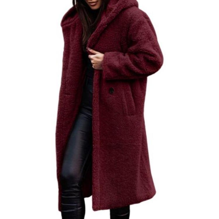 Winter Plush Hooded Long Coat Women Solid Color Long Sleeve Autumn Single Button