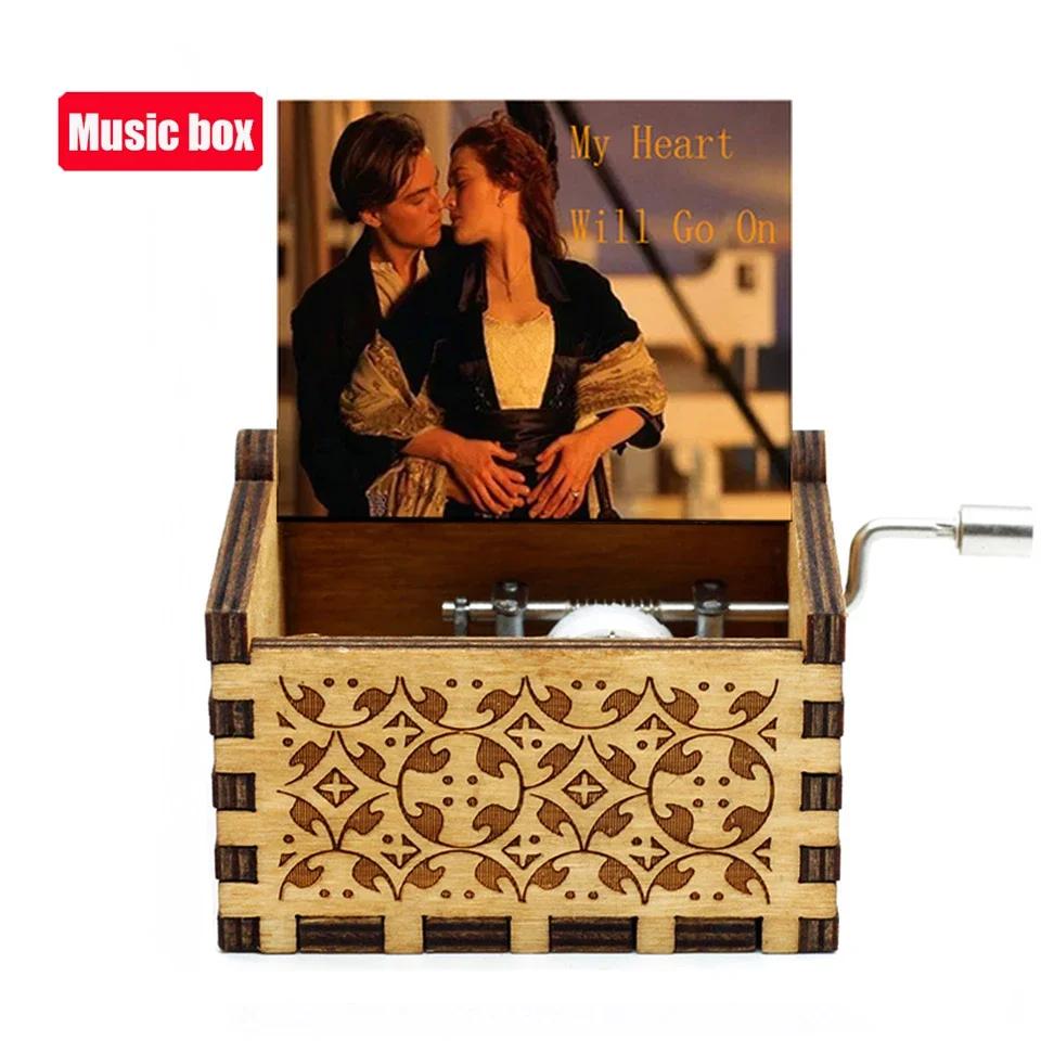 **Hot Antique carved Wooden Hand Crank Jurassic Park Music Box Action Toy Figure Anime Model Christmas Birthday Gift
