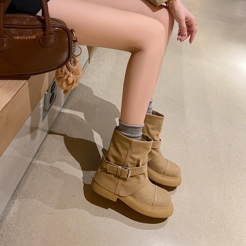 Spice girls short boots autumn new pleated stacked flat boots western cowboy boots women's martin boots