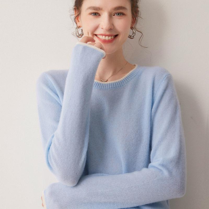 Women's Color Block Cashmere Sweater – 100% Pure 7 Gauge Single Ply, Soft, Skin-Friendly Pullover with Round Neck.