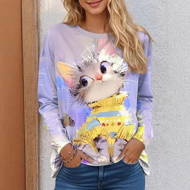 Spring and Autumn Round Neck Cute Cat Pattern 3D Printed Top Fashionable Casual Long Sleeved Women's T-shirts