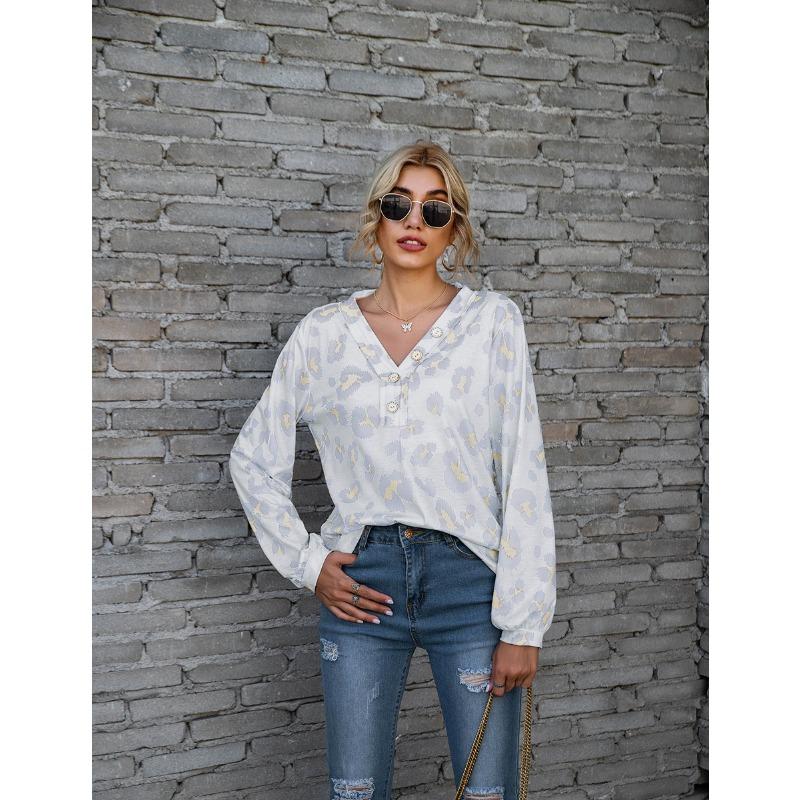 Plus Size Leopard Print V Neck Off The Shoulder Long Sleeved Top for Women