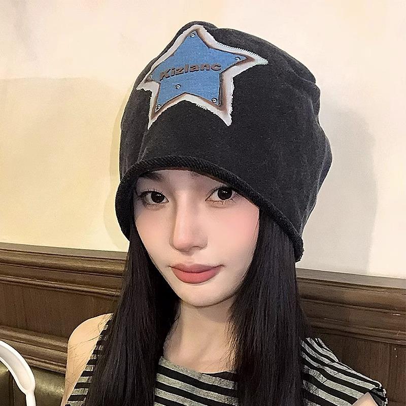 Old Spice Girl Niet Pentagramm Hut Stern Stickerei Patch Pile Hat Maillard Weibliches Gesicht Kleine Kalte Mütze Yabi