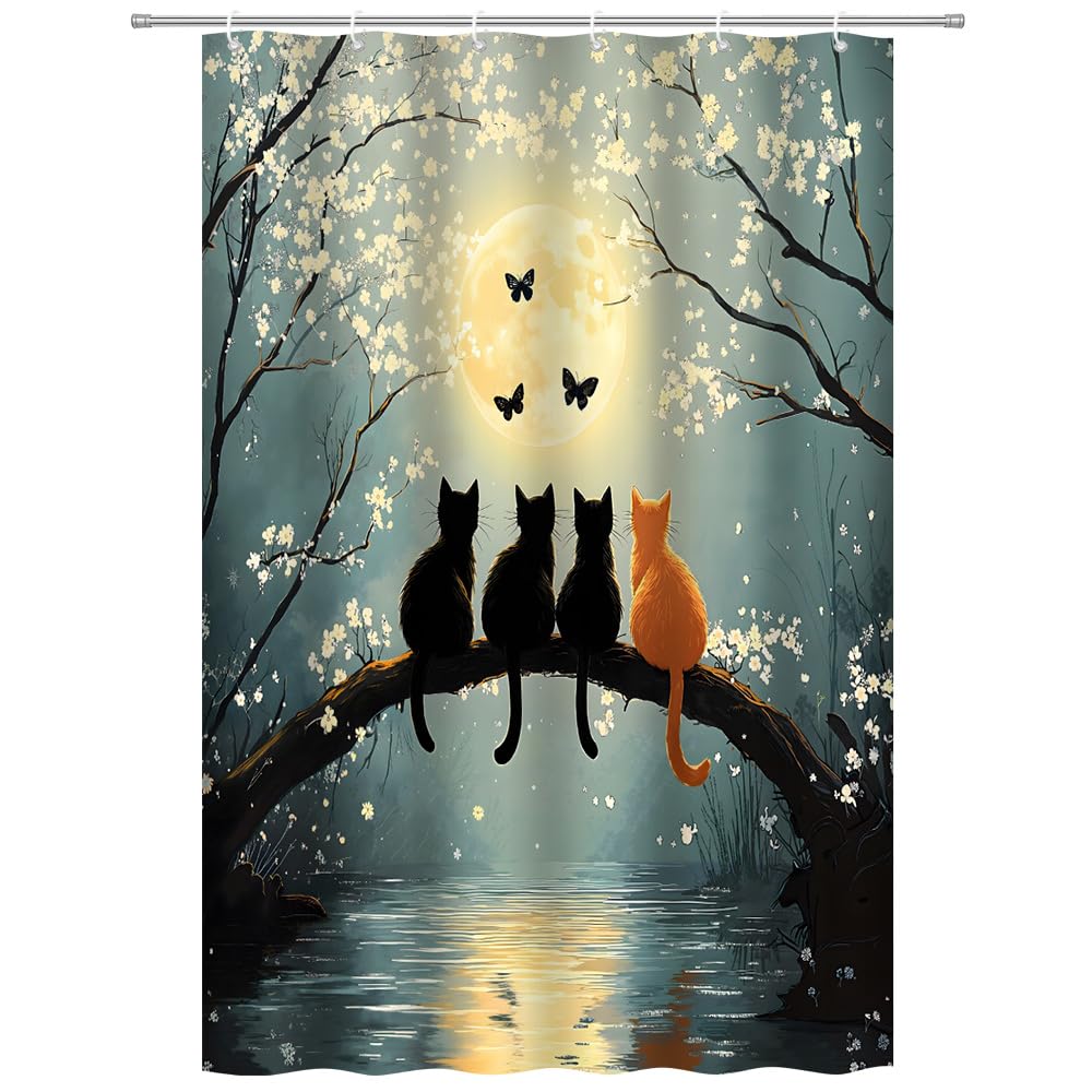 Funny Cat Shower Curtain Cute Kittens on Branch Night Moonlit Black and Orange Cat with Butterflies and Floral Tree Bath Curtain (as the picture,W90xH180cm-35x70in)