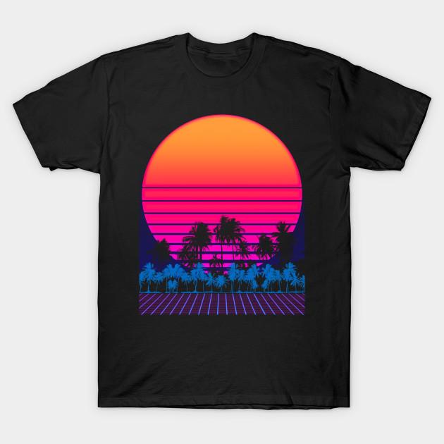 Мужская черная футболка с принтом 80-х Vaporwave Пальмы Закат Печать на трансферной бумаге без вырезания Хлопковая футболка 4XL чёрный