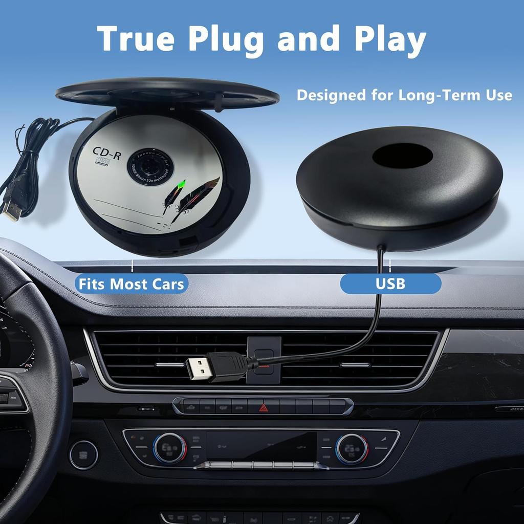 Tragbarer CD-Player für Auto mit USB-Anschluss und Bluetooth TX, Externer Auto-CD-Player Plug and Play Verlustfreie Klangqualität