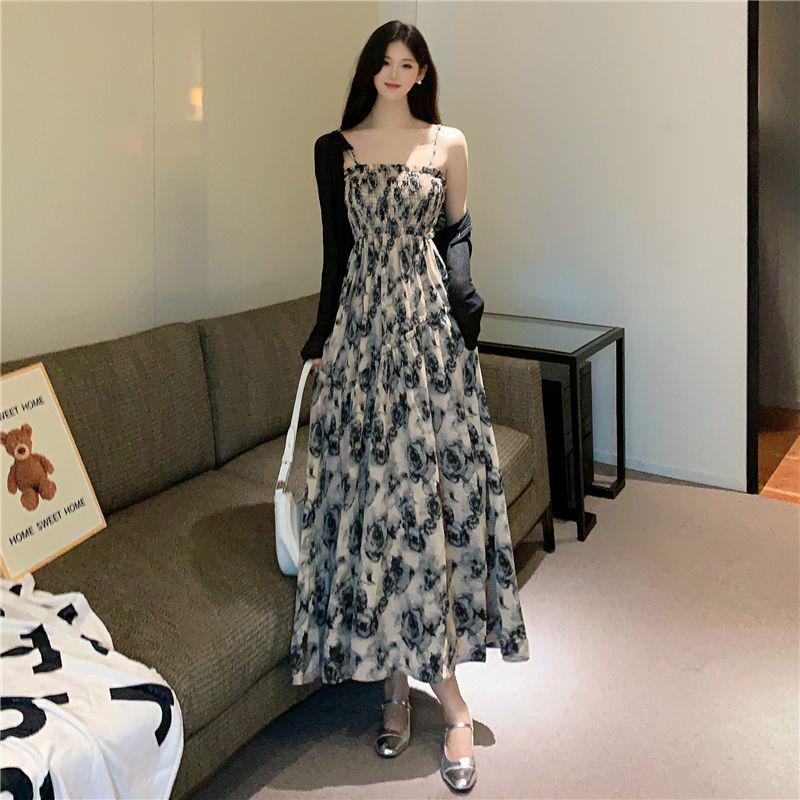 Plus Size French Floral Camisole Dress with Cardigan, Slimming Summer Long Dress for 2026