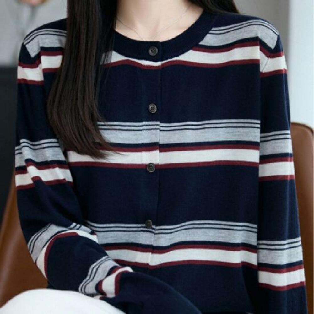Navava Women Color Block Round Neck Long Sleeve Knit Cardigan Nk3204