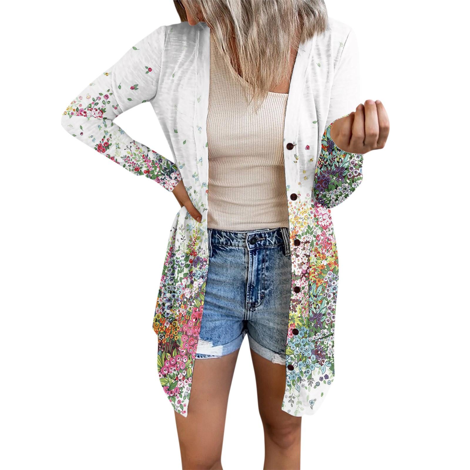 Women s Casual Cardigan flowers Printed Long Sleeve Top With Pockets XXXL