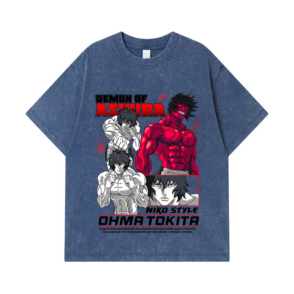 

275 GSM Washed T-shirts 100% Cotton Baki V5 Ohma Print Unisex Heavy Cotton T Shirt 2XL королівський синій колір