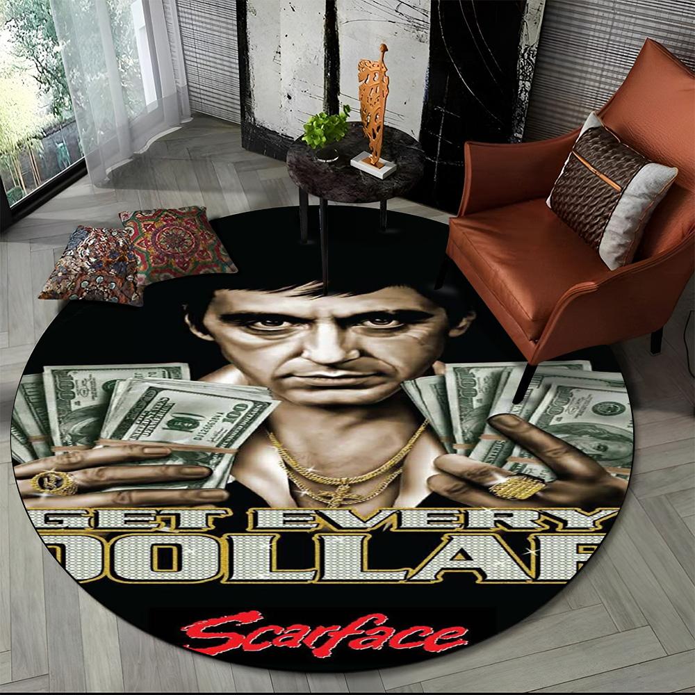 3D Tištěný Film Scarface Tony HD Kulatý Koberec pro Obývací Pokoj Ložnici Dětský Herní Koutek Dekorace, Koberec do Zvířecí Zóny Protiskluzová Podložka