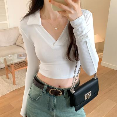 T-shirt à manches longues uni court pour fille sexy col en V nombril apparent pour femmes automne nouveau chemise de fond petit haut polyvalent