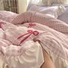Korean Style Bedding Sets  Pink Grid Bow Quilt Cover Romantic Bed Sheet Sets Woman Girls Bedroom Duvet Cover 4pcs