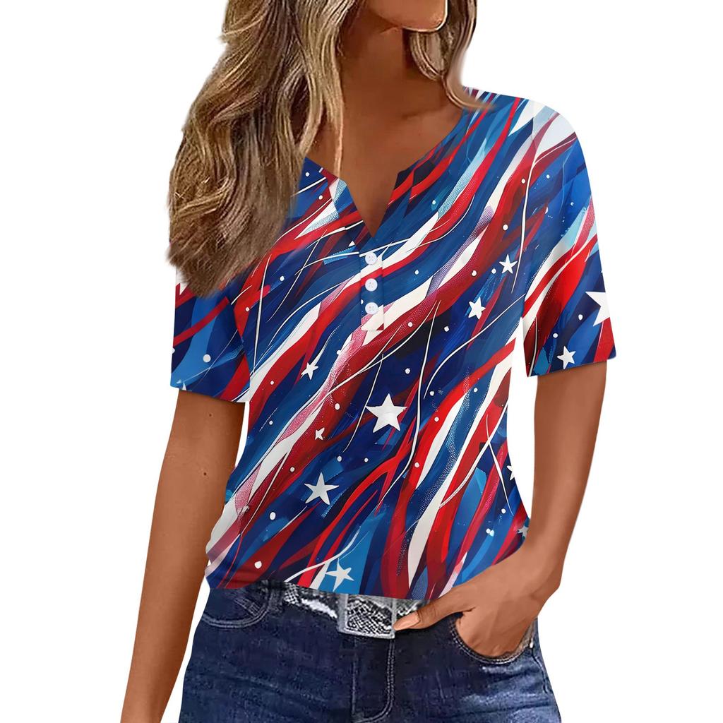 Women's T Shirt Independence Day Print Button Short Sleeve Daily Weekend Fashion Basic V- Neck Regular Top