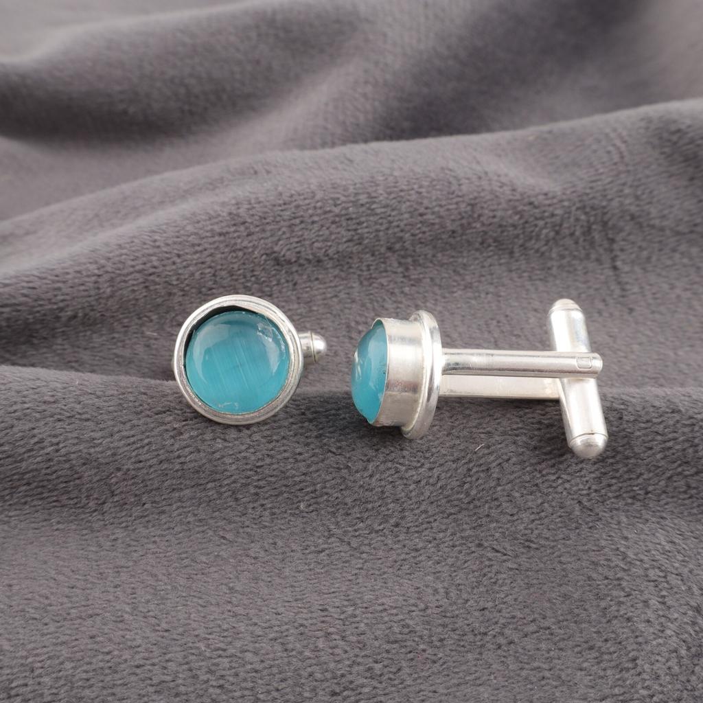 925 Sterling Silver Blue Cat's Eye Gemstone Cufflink Handmade Jewelry For Gift CL-4-24