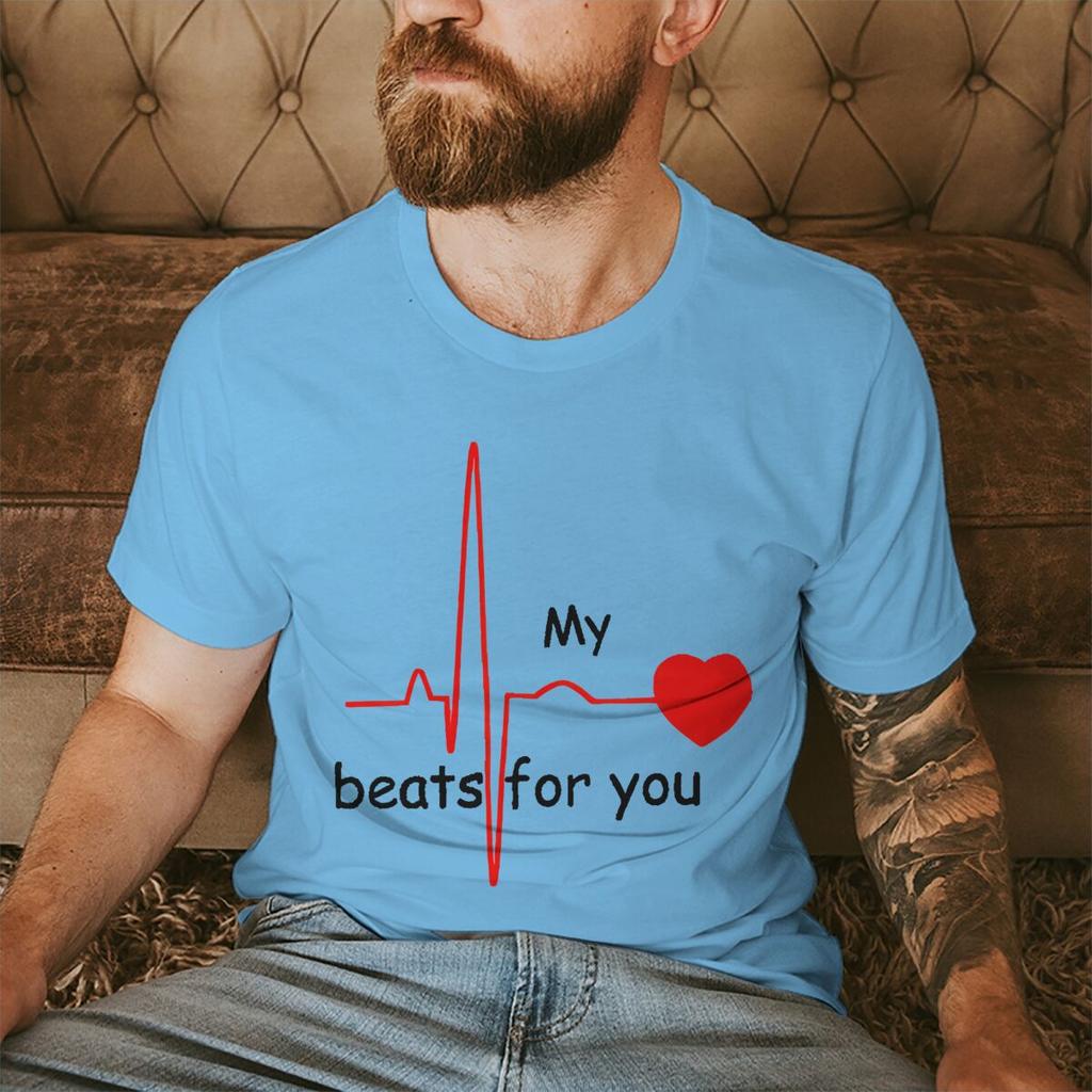 Couple Heart Beats for You Print T Shirt Causal Women Man Vintage Couples Matching Tshirt Short Sleeve Valentines Day Tees
