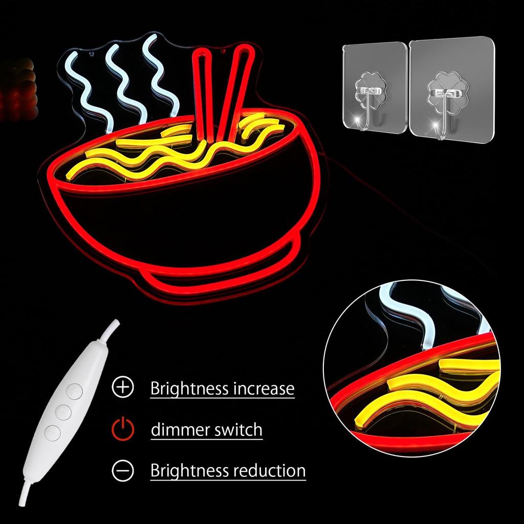 Ramen Neon Sign for Wall Decor Noodle LED Neon Lights Dimmable Food Noodle Light Up Signs LED Neon Signs for Japanese Resturant Home Bar Kitchen Room