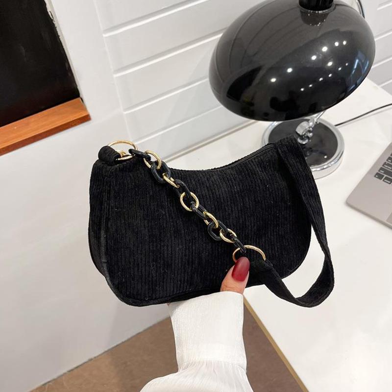 Vintage Corduroy Women Handbags Underarm Bag Casual Shoulder Bags Solid Color Zipper Female