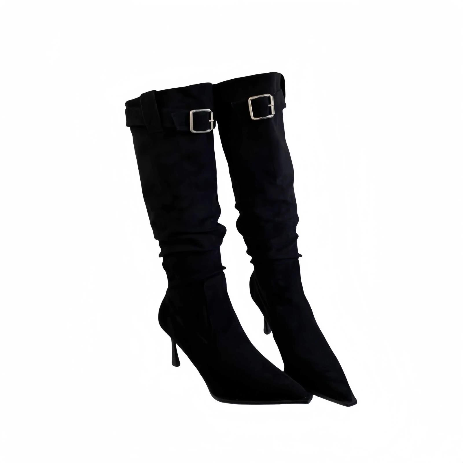 

Модные женские осенне-зимние ботфорты на высоком каблуке-шпильке с острым носком, новинка 2025 года 39 чёрный