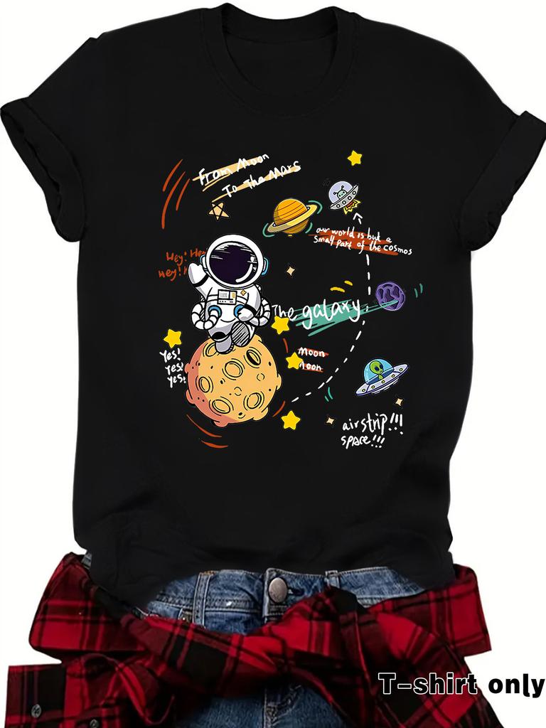Damen T-Shirt mit Astronauten-Print Kurzarm Lockeres Mode-T-Shirt