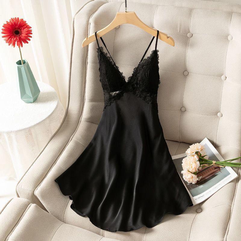 

Летняя сексуальная тонкая пижама с открытой спиной, кружевная женская однотонная элегантная ночная рубашка из ледяного шелка, новая женская домашняя одежда с открытыми подтяжками M чёрный