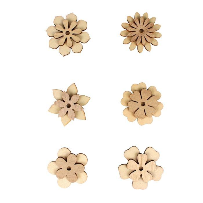Wooden Stickers Flowers  5 X 4 Cm 6 Pieces