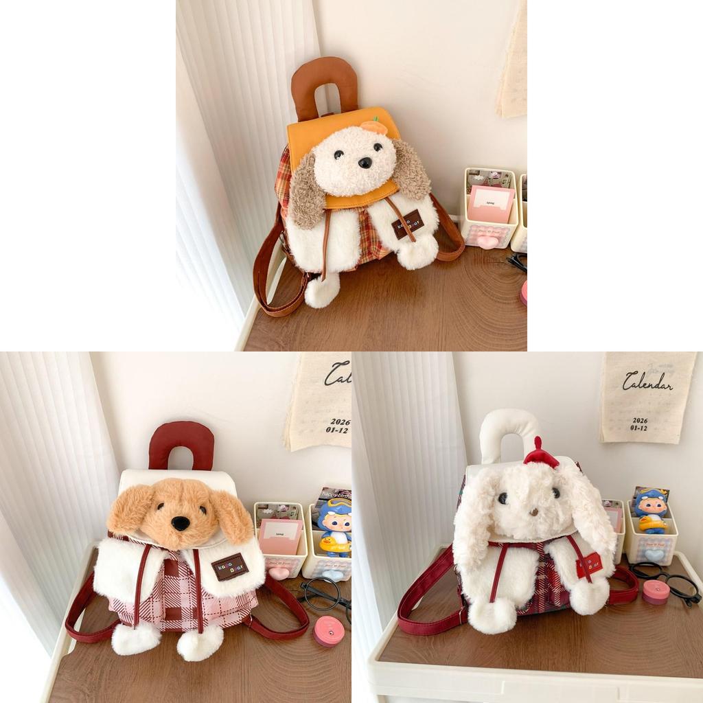 Cute Plush Dog Cartoon Backpack With Canvas Material And Drawstring Closure For Daily Use