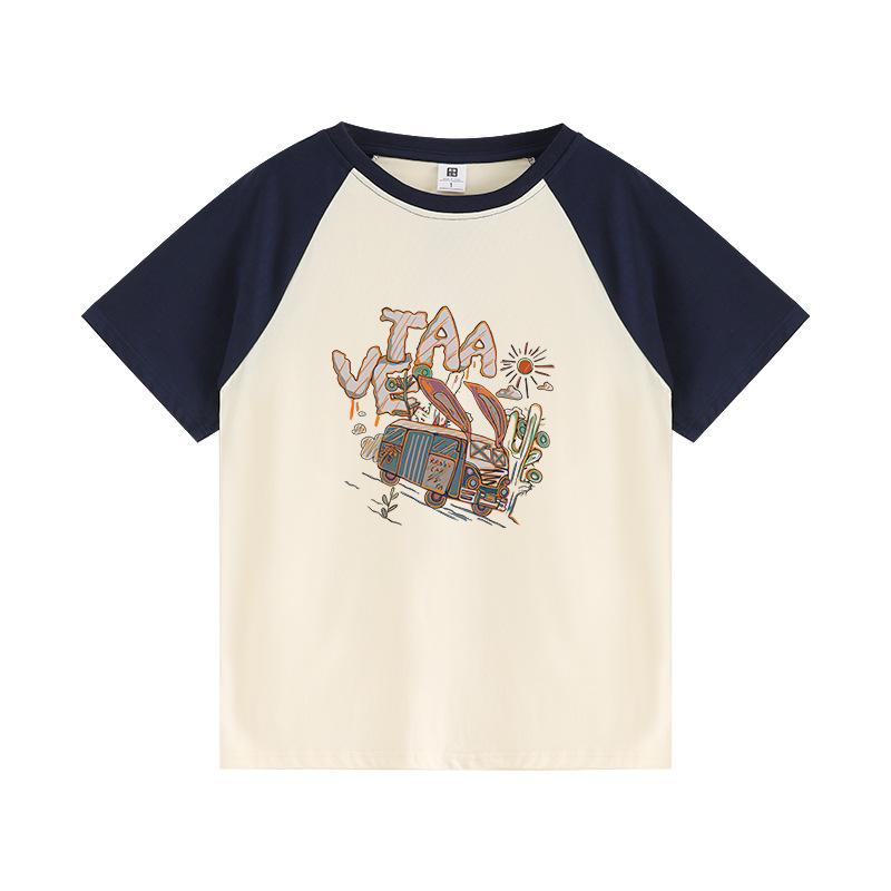Ladies Summer Short Sleeve Round Collar Color Block Cartoon Printed Loose Pullover Casual T Shirt Top