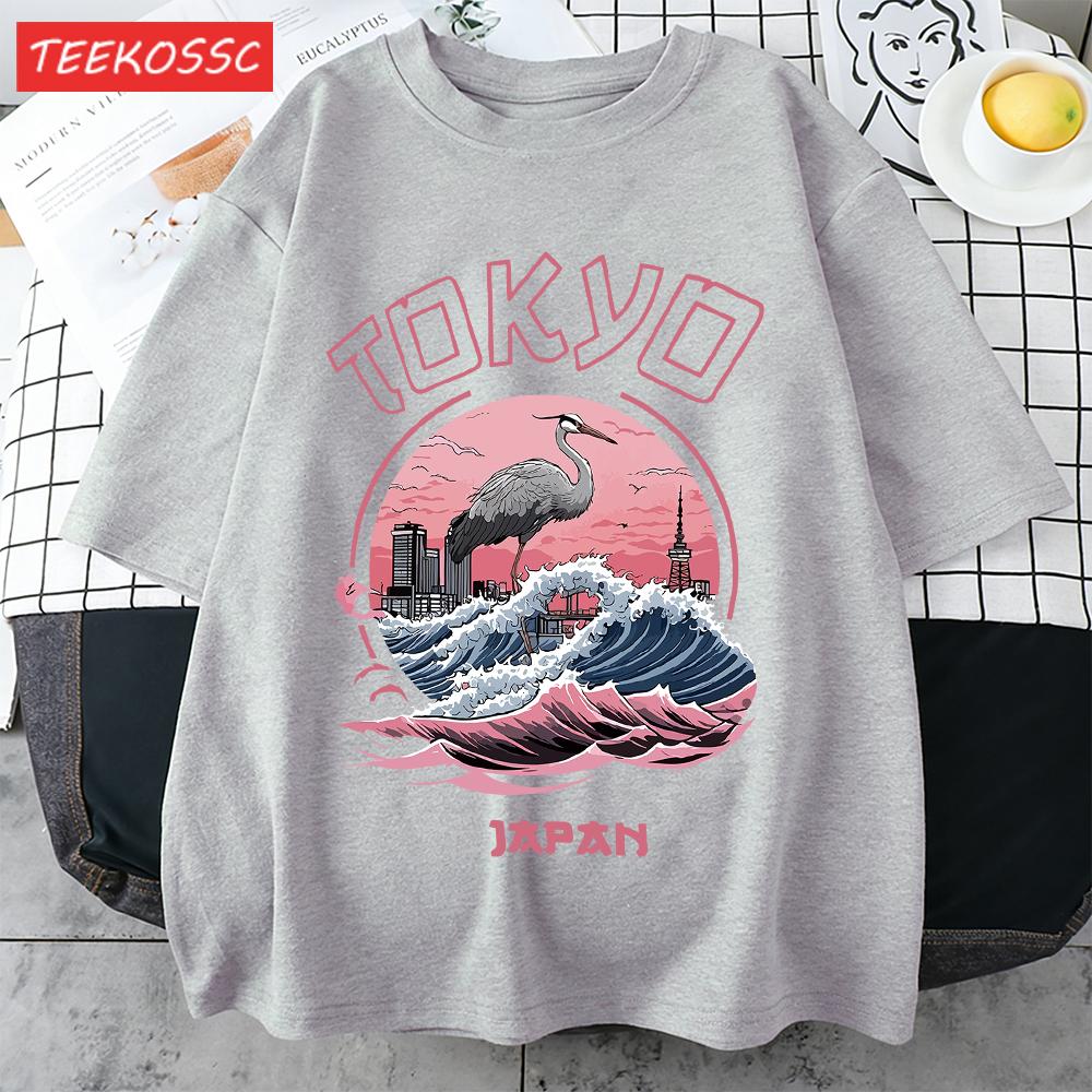 Tokyo Japan Harajuku Crane Waves Men TShirt AllMatch Casual Short Sleeve Cotton Summer Tee Male Hip Hop ONeck Streetwear