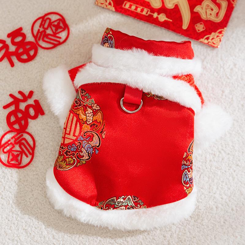Puppy dog clothes New Year's blessing is coming, festive Teddy Yorkshire New Year's greetings turtleneck fur edge pet two-legged cotton-padded coat