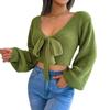 Autumn/Winter Fashion Bow-Tie V-Neck Bell-Sleeve Cropped Sweater for Women