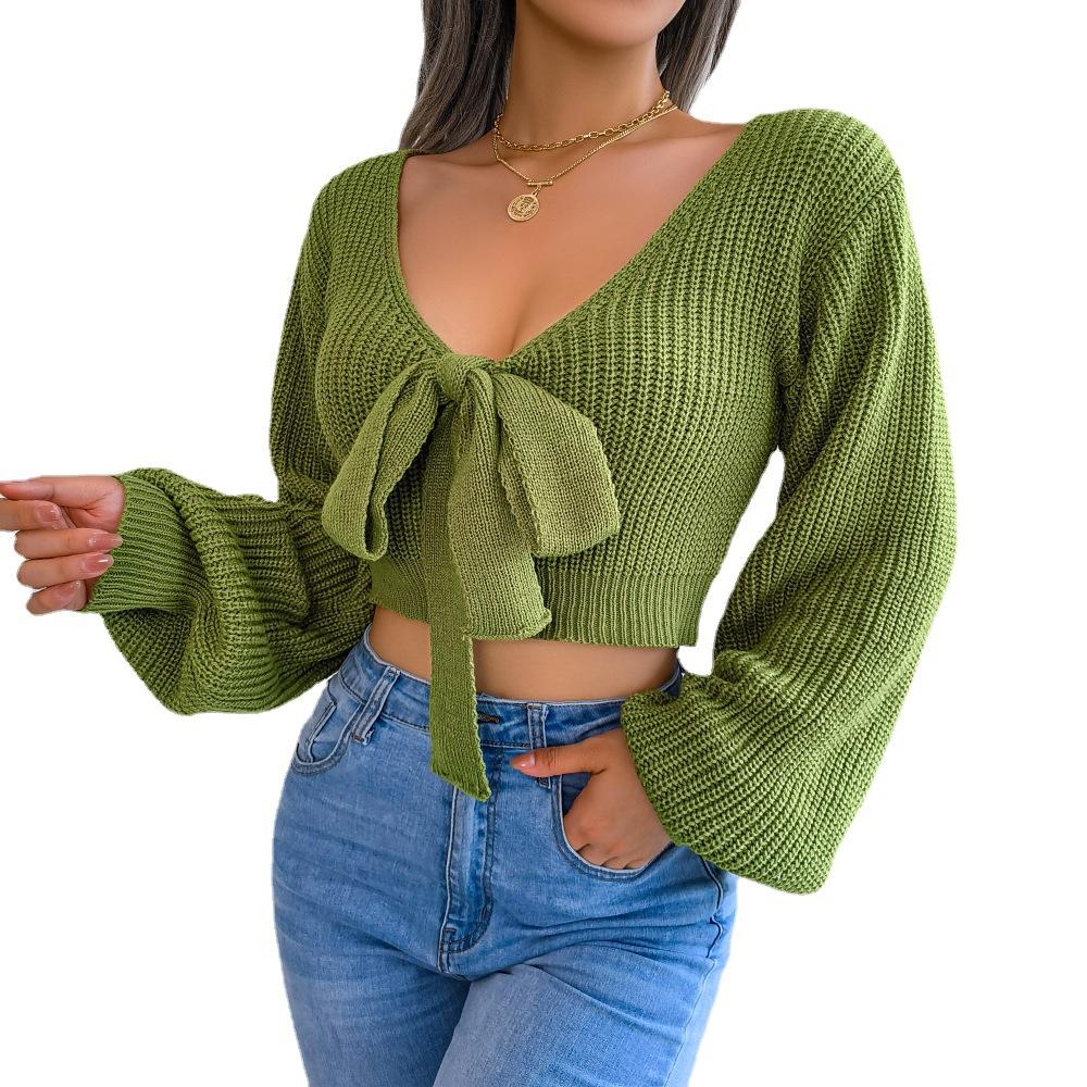 Autumn/Winter Fashion Bow-Tie V-Neck Bell-Sleeve Cropped Sweater for Women