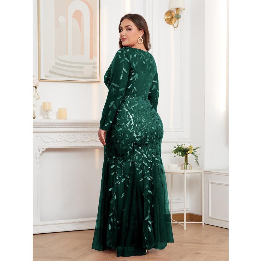 Plus Size Elegant Embroidered Mermaid Dress Round Neck Long Sleeve Lined Back Zipper