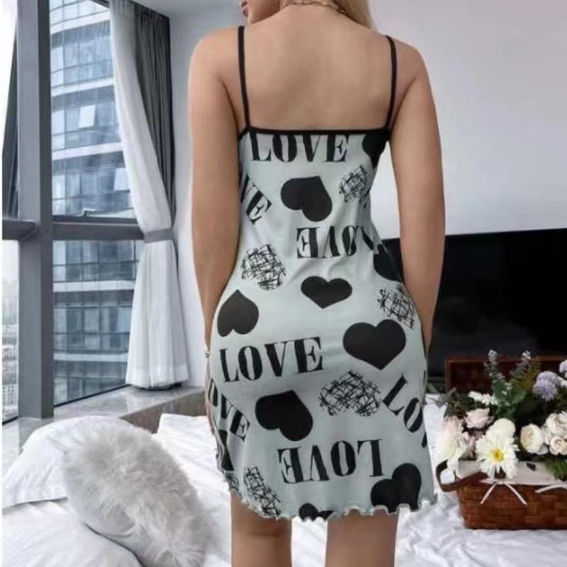 Summer New Women's Nightgown Beauty Back Thin Section Of Home Wear Sexy Halter Short Skirt Love Cartoon Cute Printing Pajamas