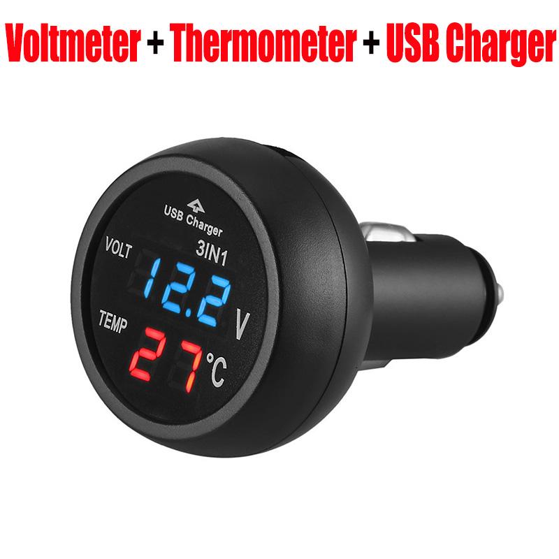 3 In 1 12/24V Car Volt Meter Auto LED Digital Voltmeter Gauge+Thermometer+USB Charger Current Meter Volt Detector Thermometer
