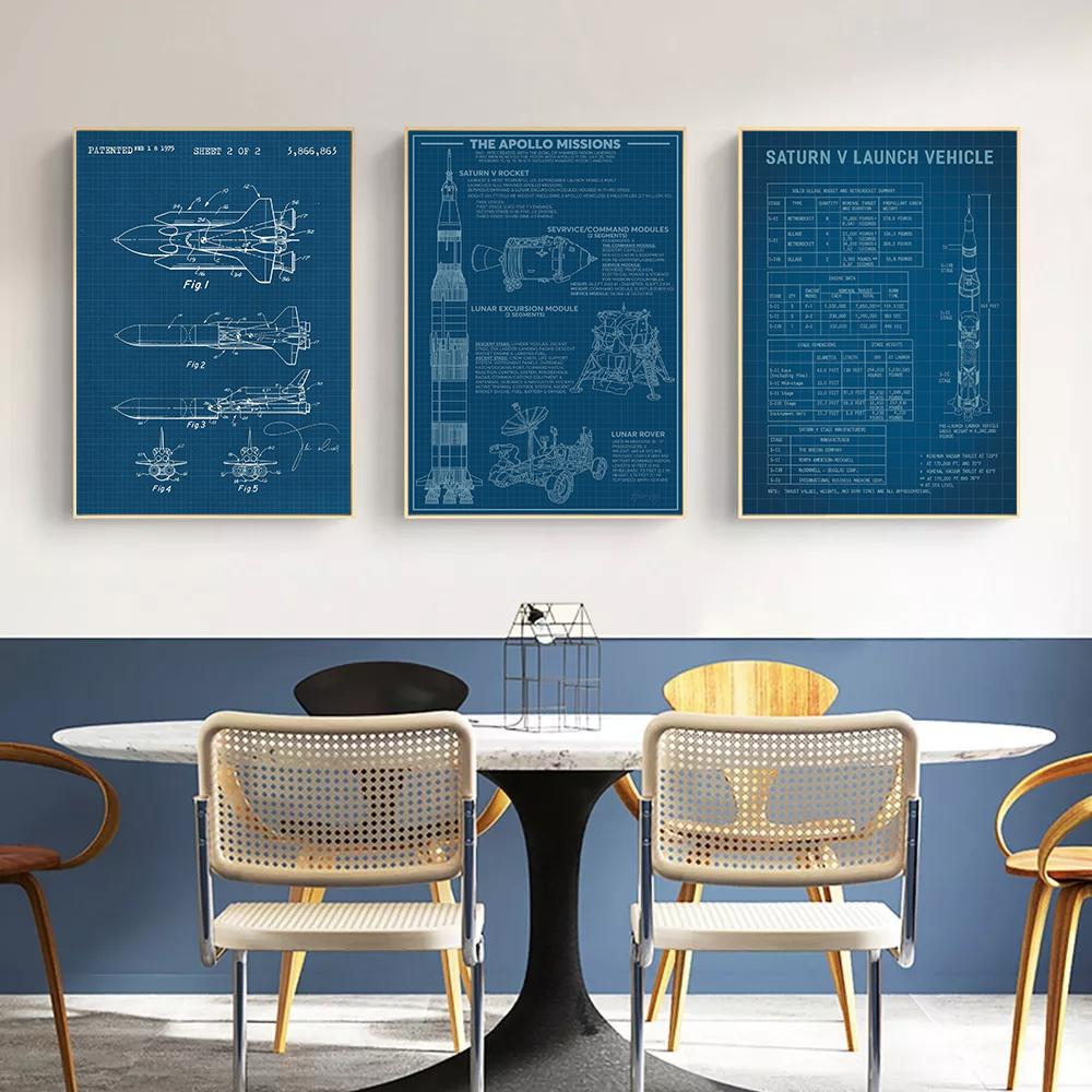 Saturn V Apollo Rakete NASA Weltraumforschung Patent Diagramm Blaupause Büro Poster Wand Kunst Leinwand Druck für Home Office Deco