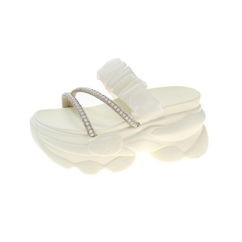 CINESSD Summer Platform Slippers Women Blue Pleated Riband Discolor Ladies Chunky Sole Beach Cool Wedges Slides Shoes Woman