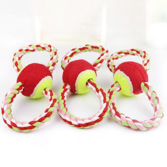 Pet Toys Figure-8 Shape Interactive Chewing Rope with Built-in Tennis Ball Durable Natural Cotton Tug of War Toy for Teeth Cleaning Fresh Breath Dogs