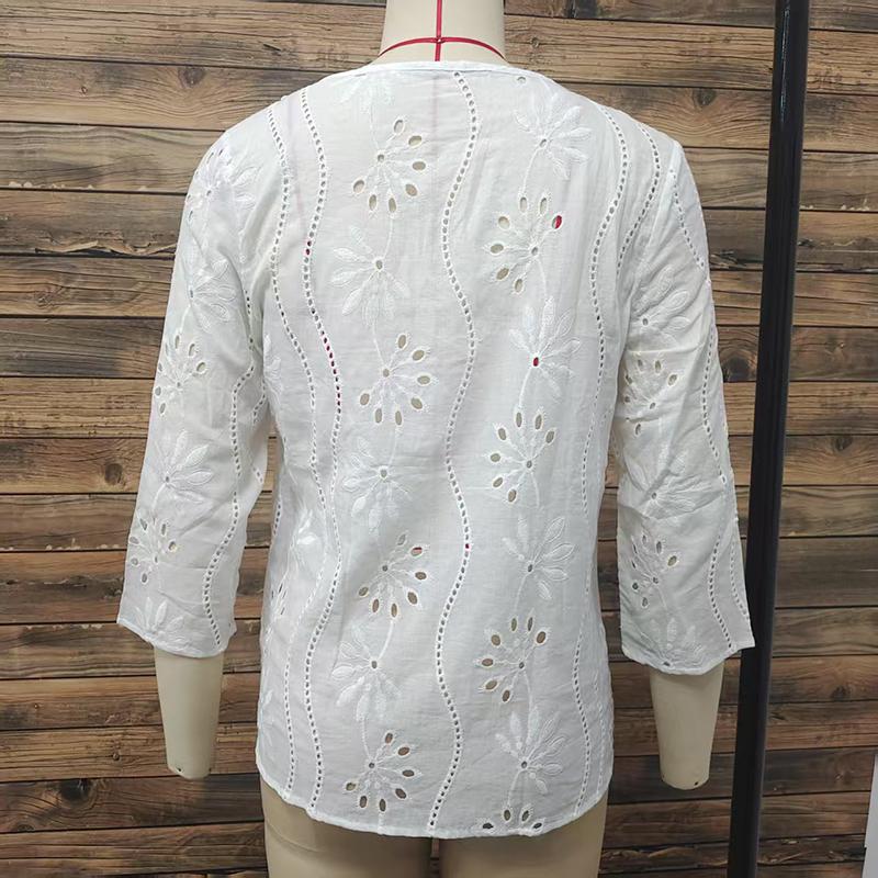 Herbst Neu Lockerer V-Ausschnitt Bluse Elegant Pendeln Bestickte Spitze Langarm Weißes Oberteil Lässig Aushöhlen Damenhemd